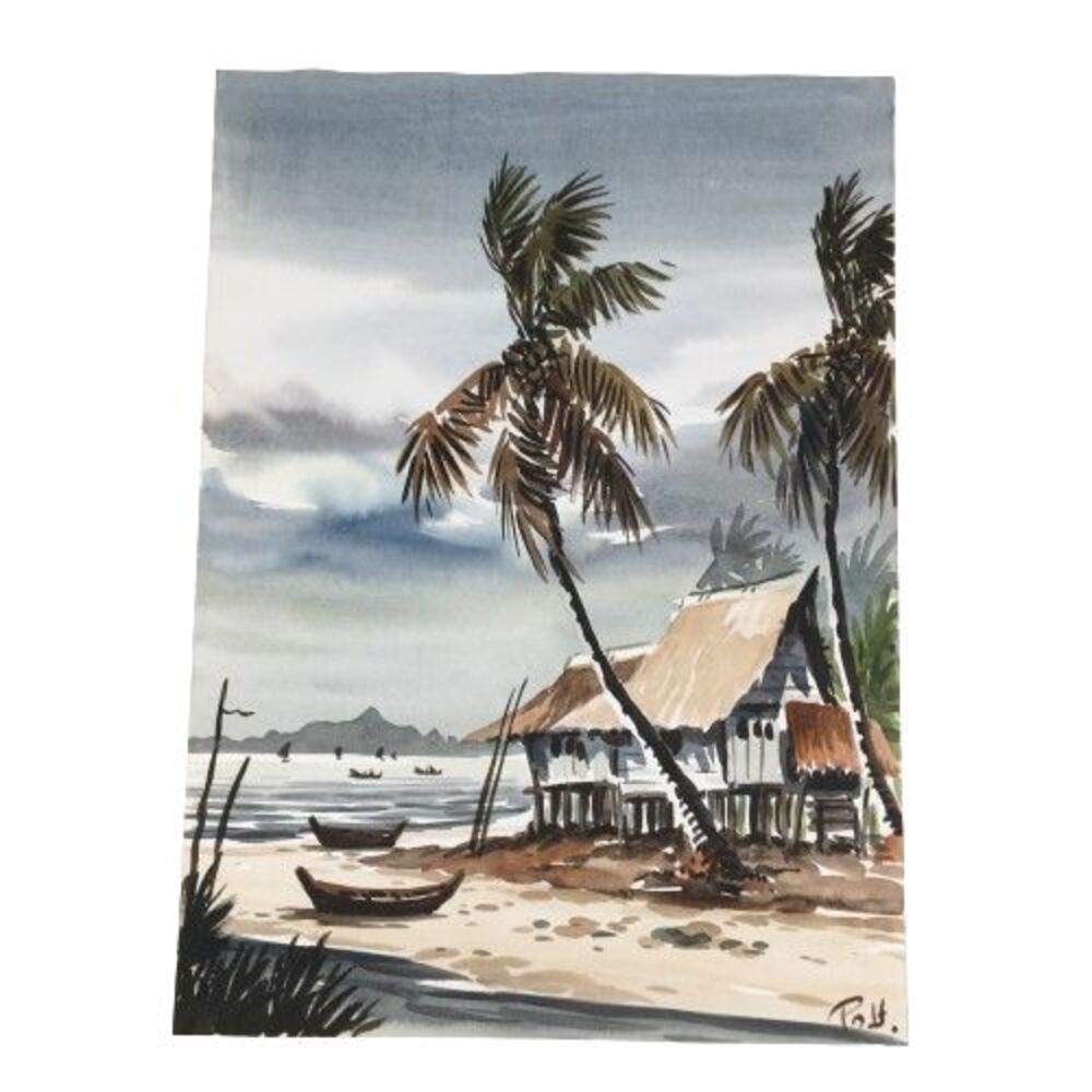 POH Signed Original Watercolor Painting Malaysian House on The Beach w/Boats